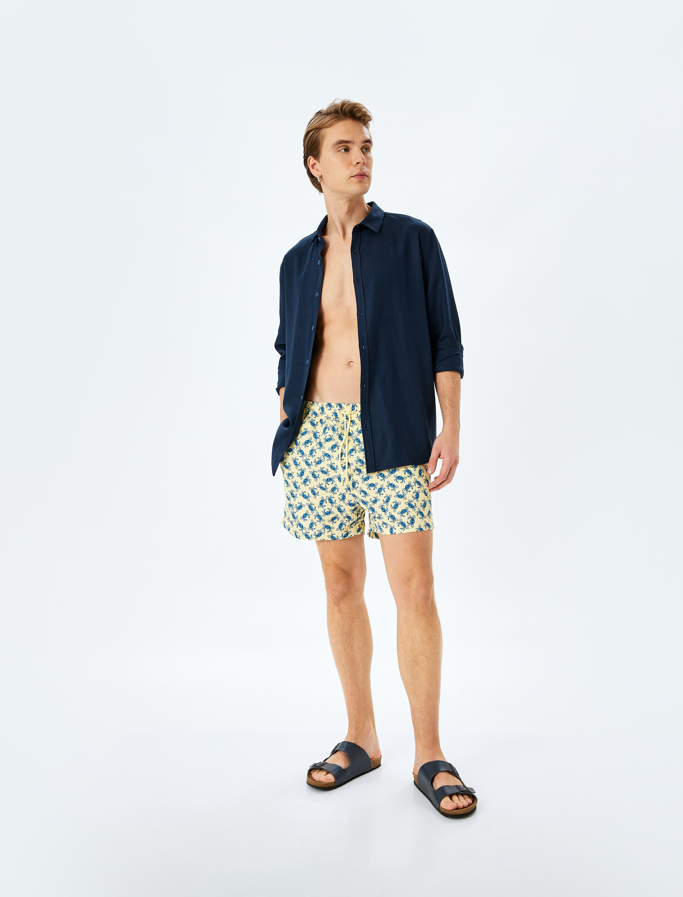 Yengeç Baskılı Beli Bağcıklı Oversize Deniz Şortu