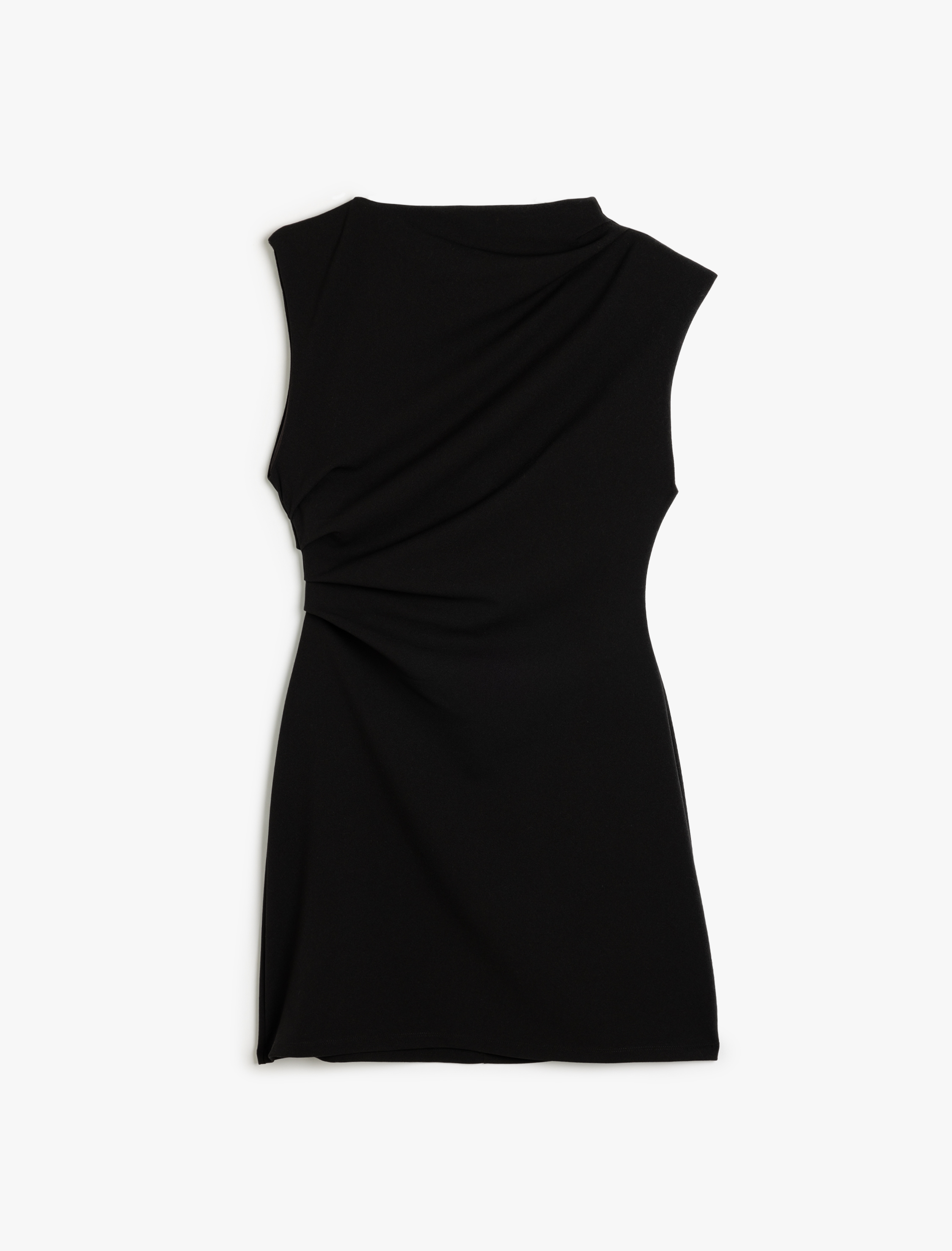   Krep Scuba Kumaş Drape Detaylı Dik Yuvarlak Yaka Kolsuz Mini Elbise