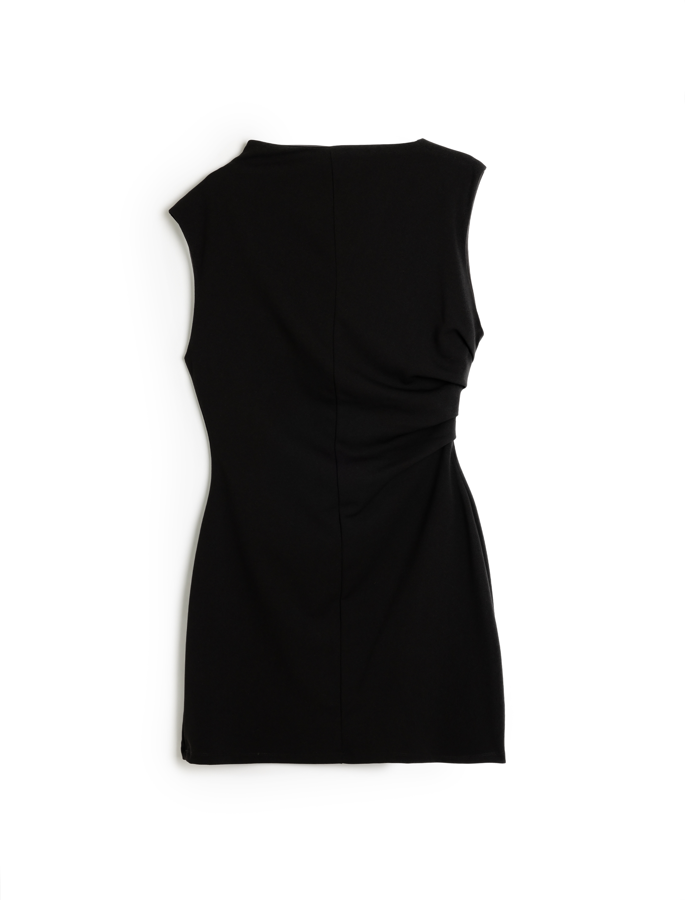   Krep Scuba Kumaş Drape Detaylı Dik Yuvarlak Yaka Kolsuz Mini Elbise