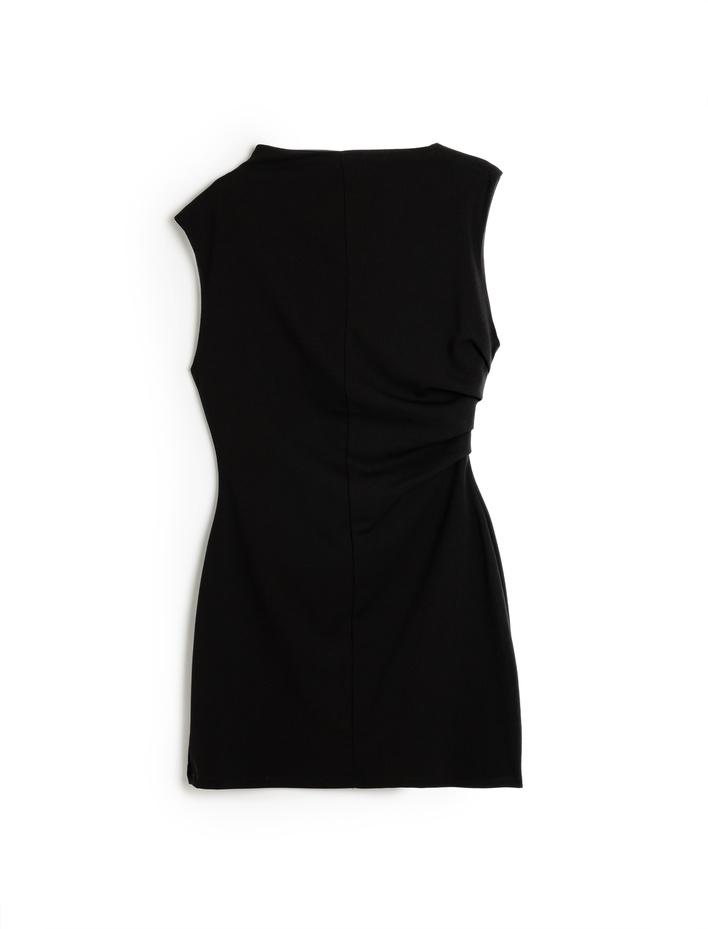  Krep Scuba Kumaş Drape Detaylı Dik Yuvarlak Yaka Kolsuz Mini Elbise