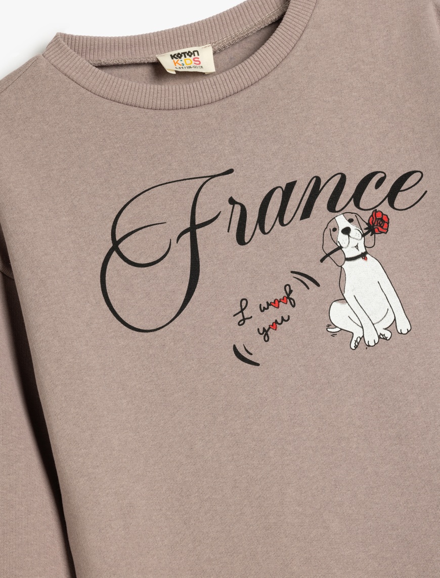  Kız Çocuk Köpek Baskılı Bisiklet Yaka Uzun Kollu Pamuklu Sweatshirt