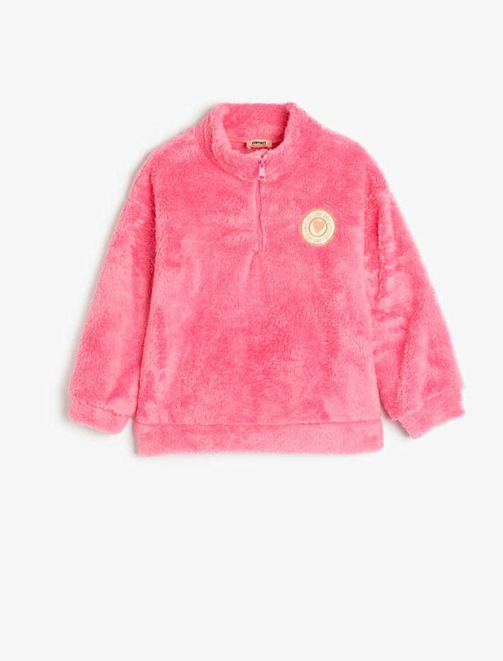 Kız Çocuk Dik Yaka Yarım Fermuarlı Peluş Sweatshirt