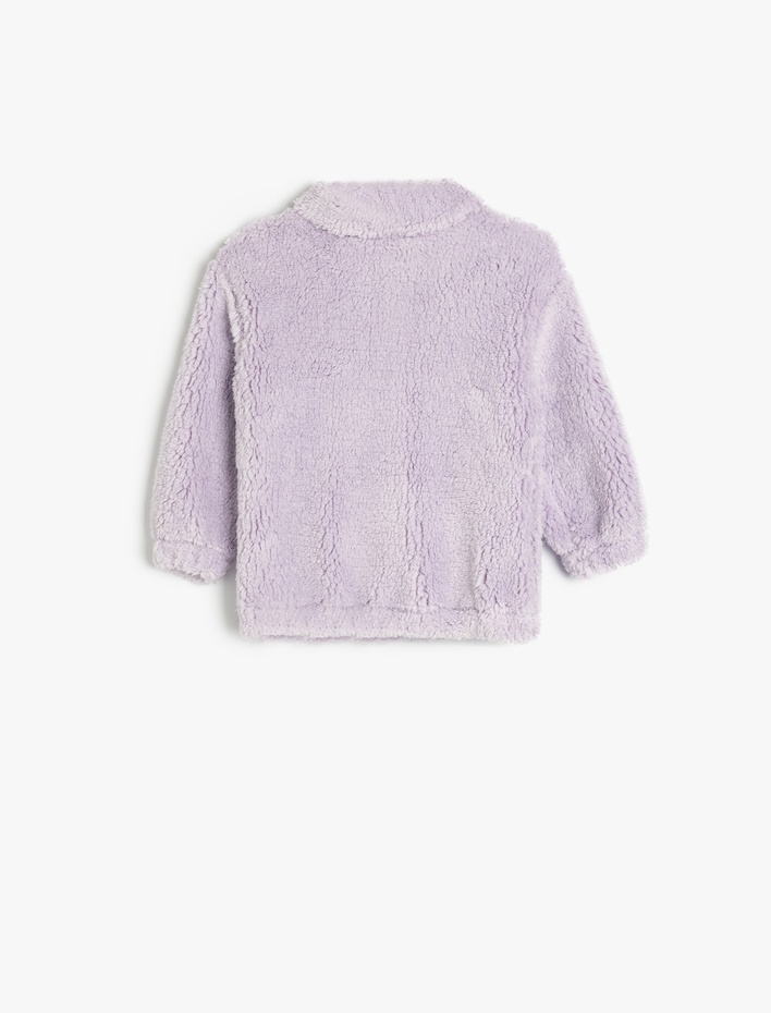 Kız Bebek Dik Yaka Uzun Kollu Fermuar Detaylı Basic Peluş Sweatshirt