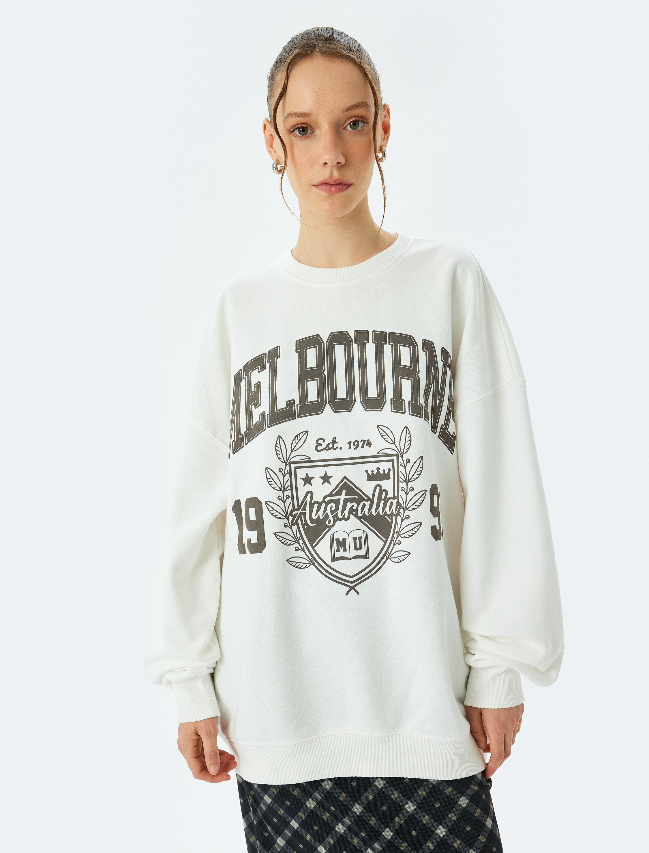   Oversize Bisiklet Yaka Kolej Baskılı Şardonlu Sweatshirt