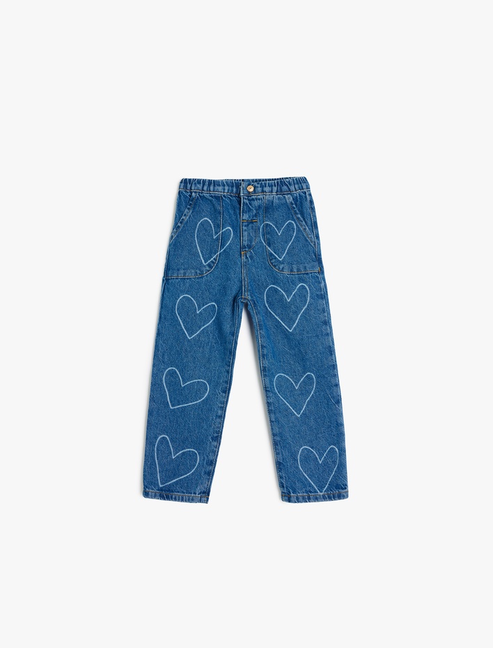 Kız Bebek Kalp Desenli Cep Detaylı Pamuklu Denim Pantolon