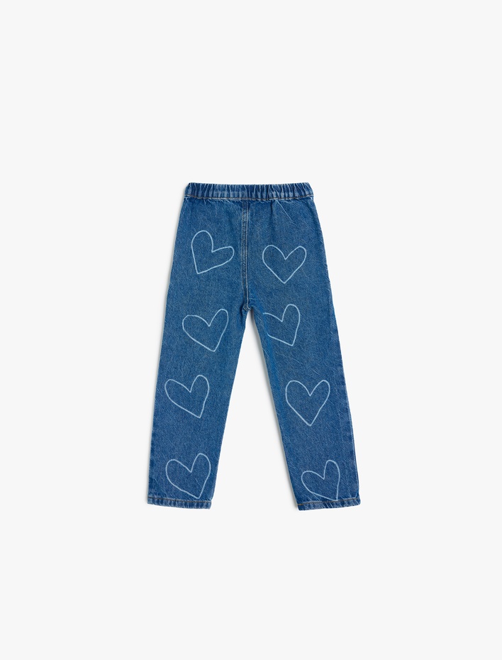 Kız Bebek Kalp Desenli Cep Detaylı Pamuklu Denim Pantolon