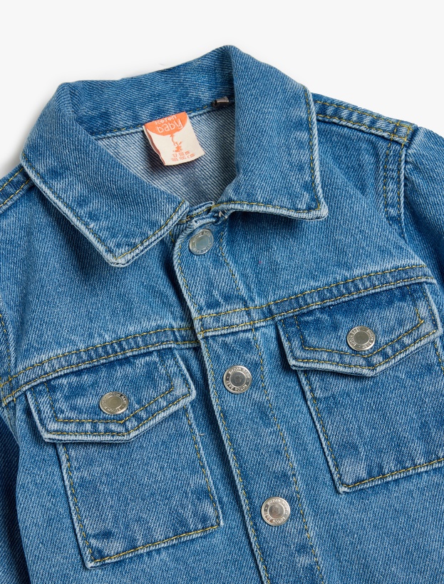 Pamuklu Uzun Kollu Cep Detaylı Düğmeli Denim Ceket_2