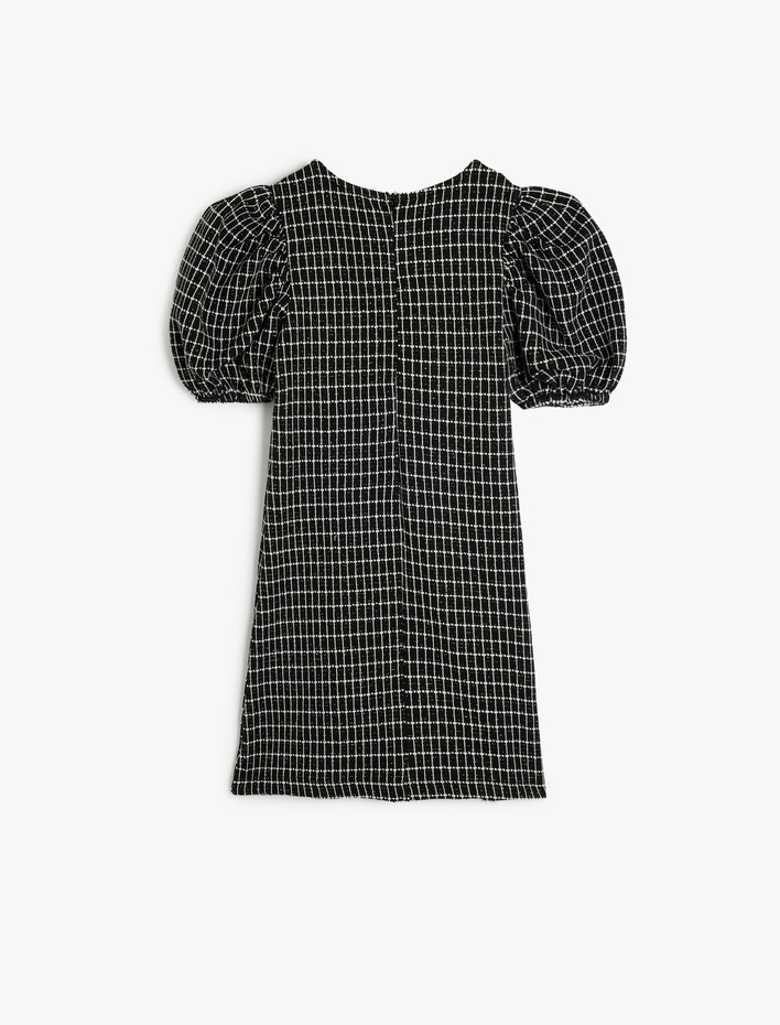 Kız Çocuk Bisiklet Yaka Balon Kollu Pamuk Karışımlı Kareli Elbise