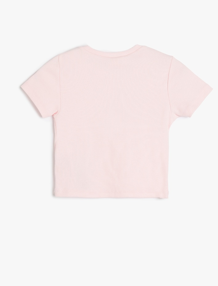 Kız Çocuk Taş Detaylı Kalp Baskılı Bisiklet Yaka Pamuklu Kısa Kollu Tişört