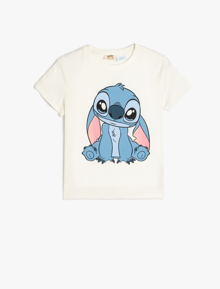 Kız Çocuk Kısa Kollu Bisiklet Yaka Pamuklu Lisanslı Stitch Tişört