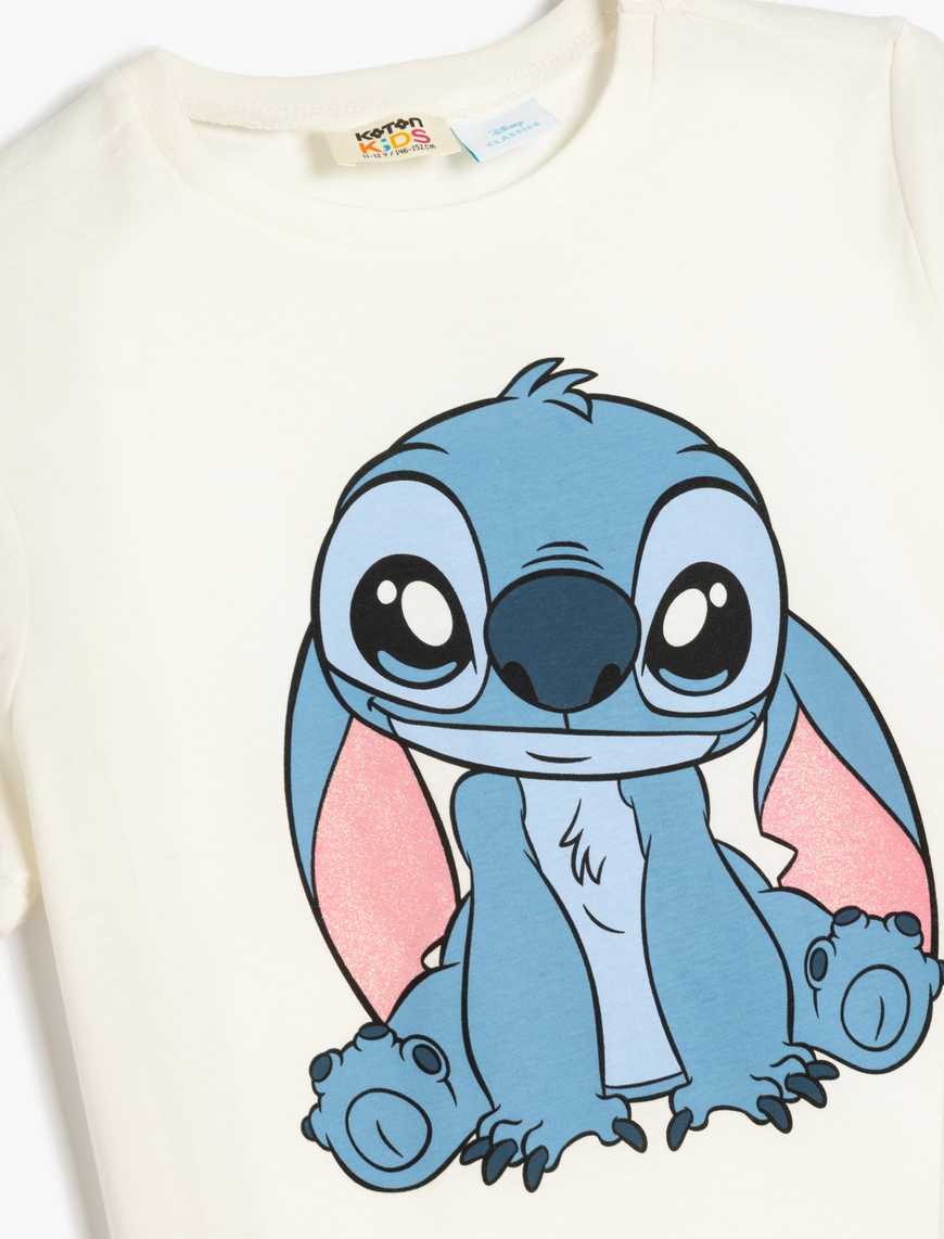  Kız Çocuk Kısa Kollu Bisiklet Yaka Pamuklu Lisanslı Stitch Tişört