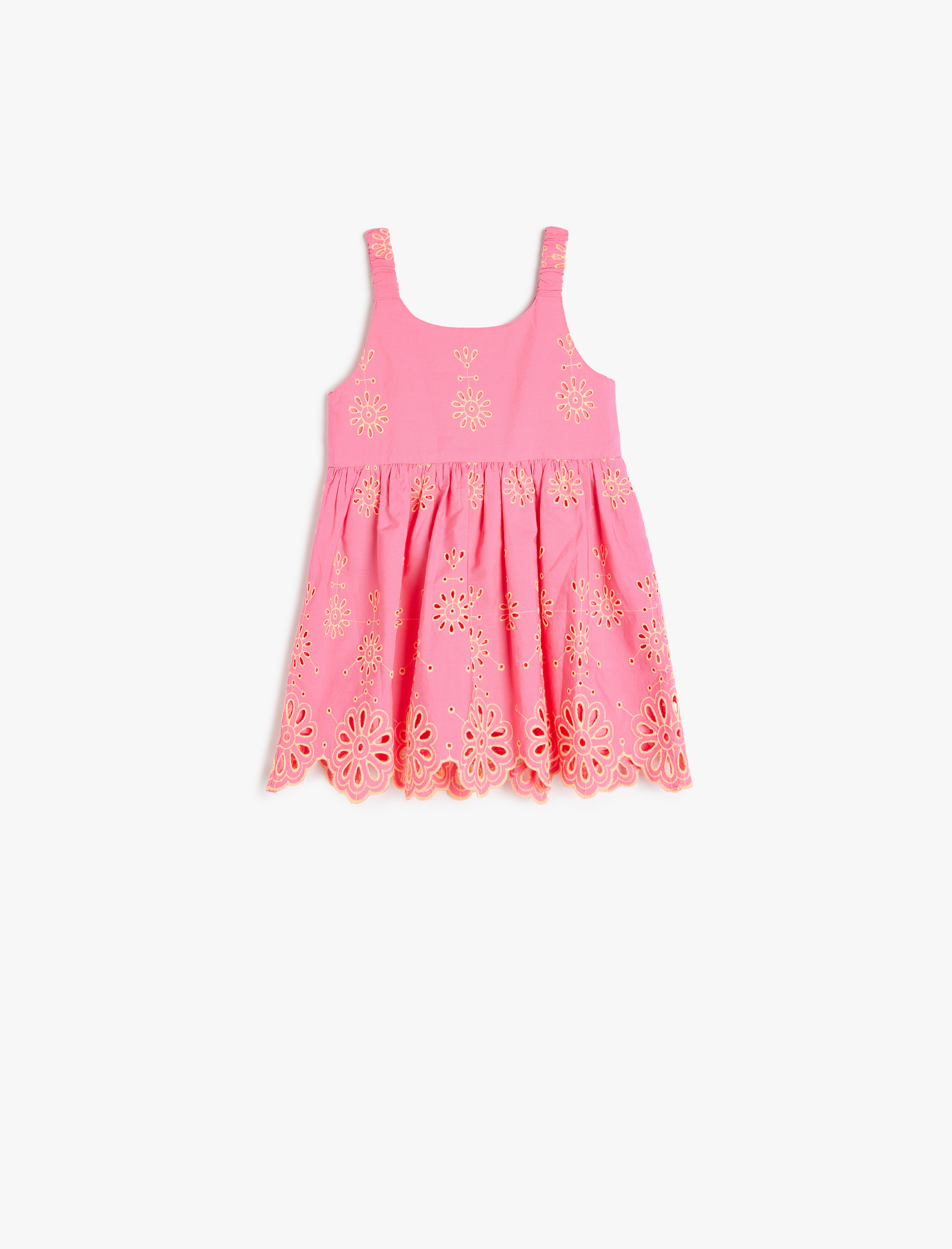  Kız Bebek Yuvarlak Yaka Nakış Detaylı Pamuklu Askılı Elbise
