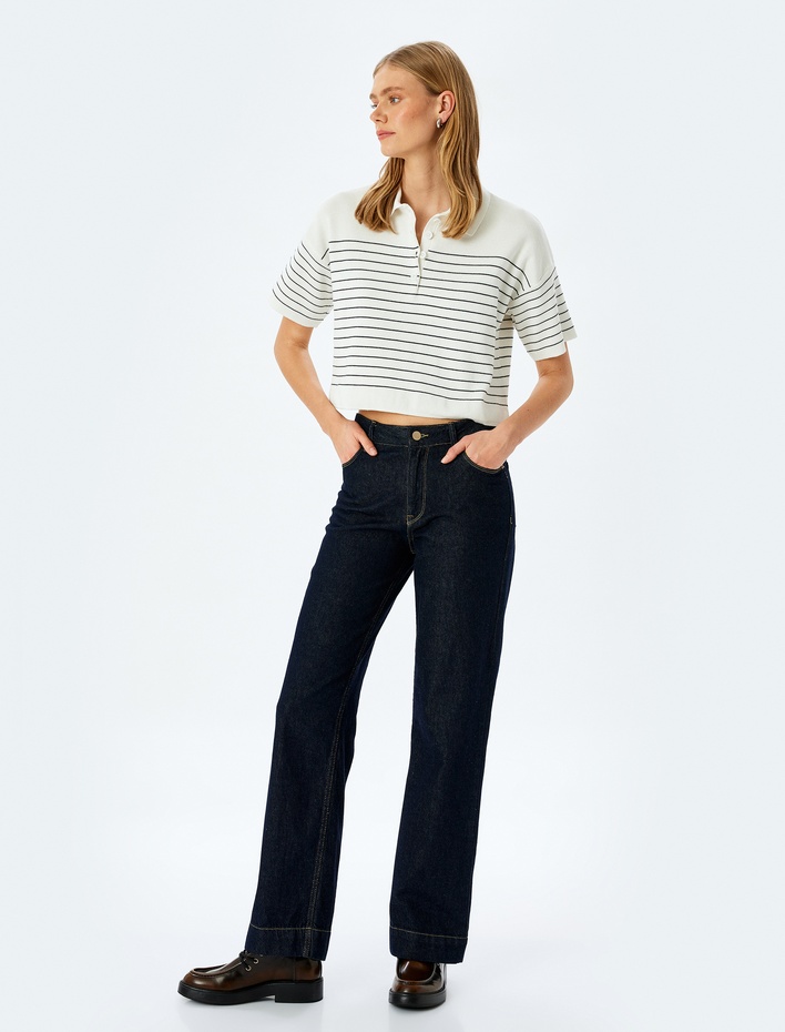  Düğmeli Çizgili Oversize Polo Yaka İnce Triko Kazak