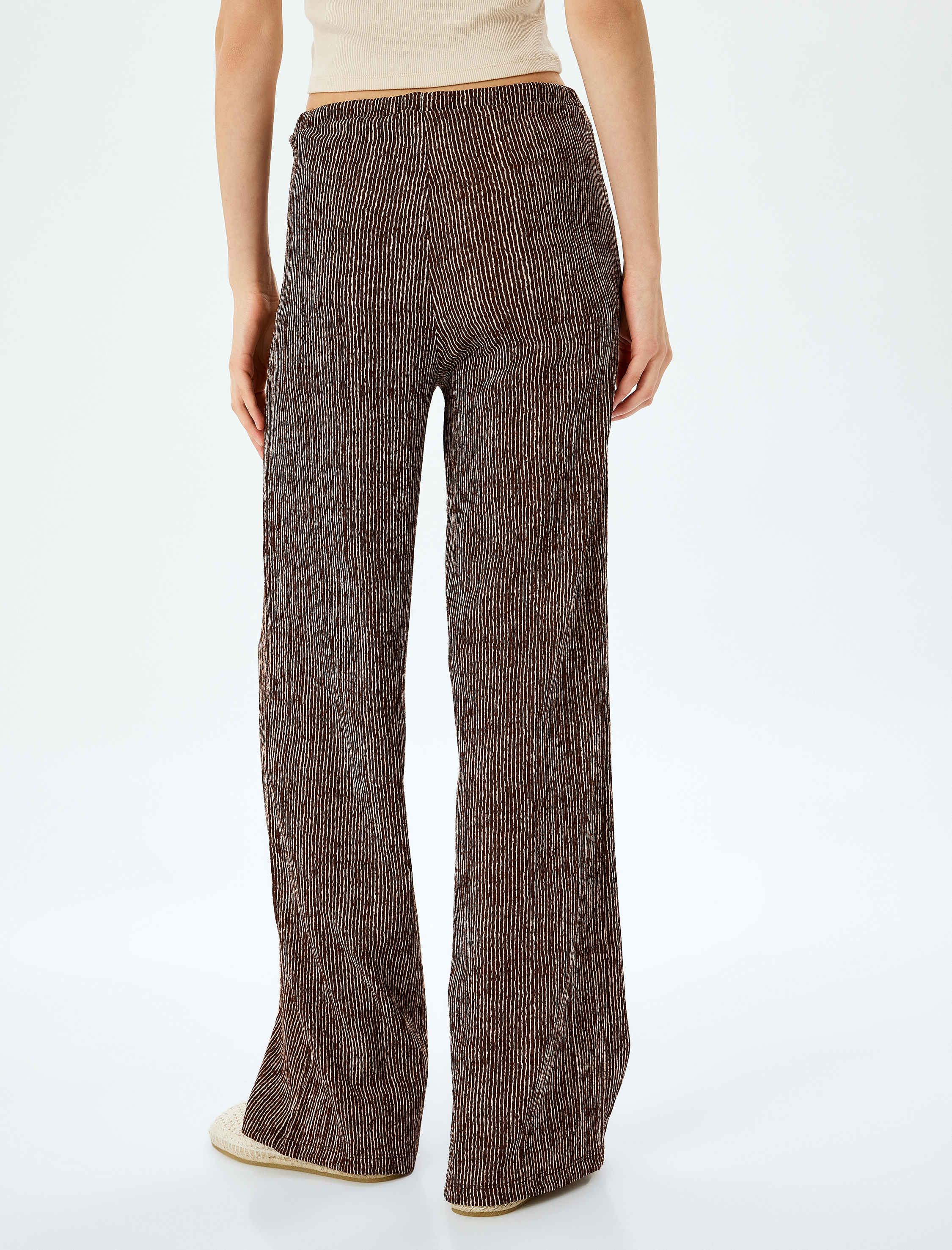   Yüksek Bel Geniş Paça Bürümcük Beli Bağcıklı Oversize Çizgili Pantolon