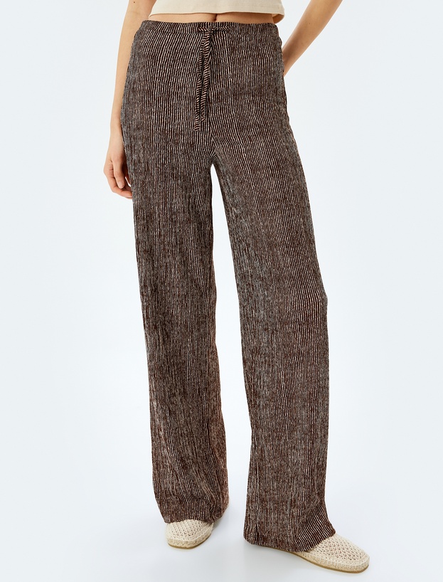 Yüksek Bel Geniş Paça Bürümcük Beli Bağcıklı Oversize Çizgili Pantolon_2