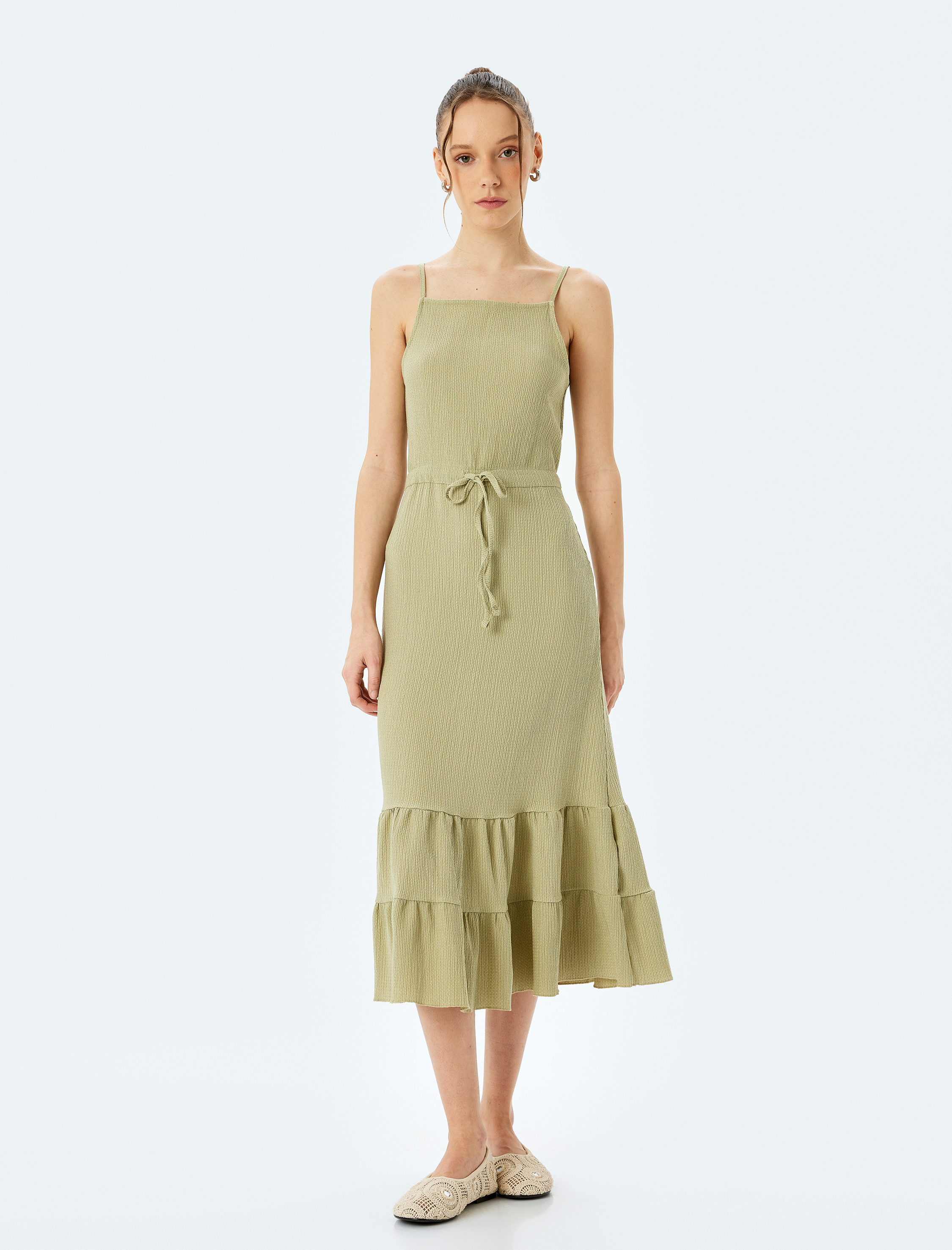 Midi Boy Bürümcük Volanlı Beli Bağcıklı İp Askılı Elbise Bürümcük