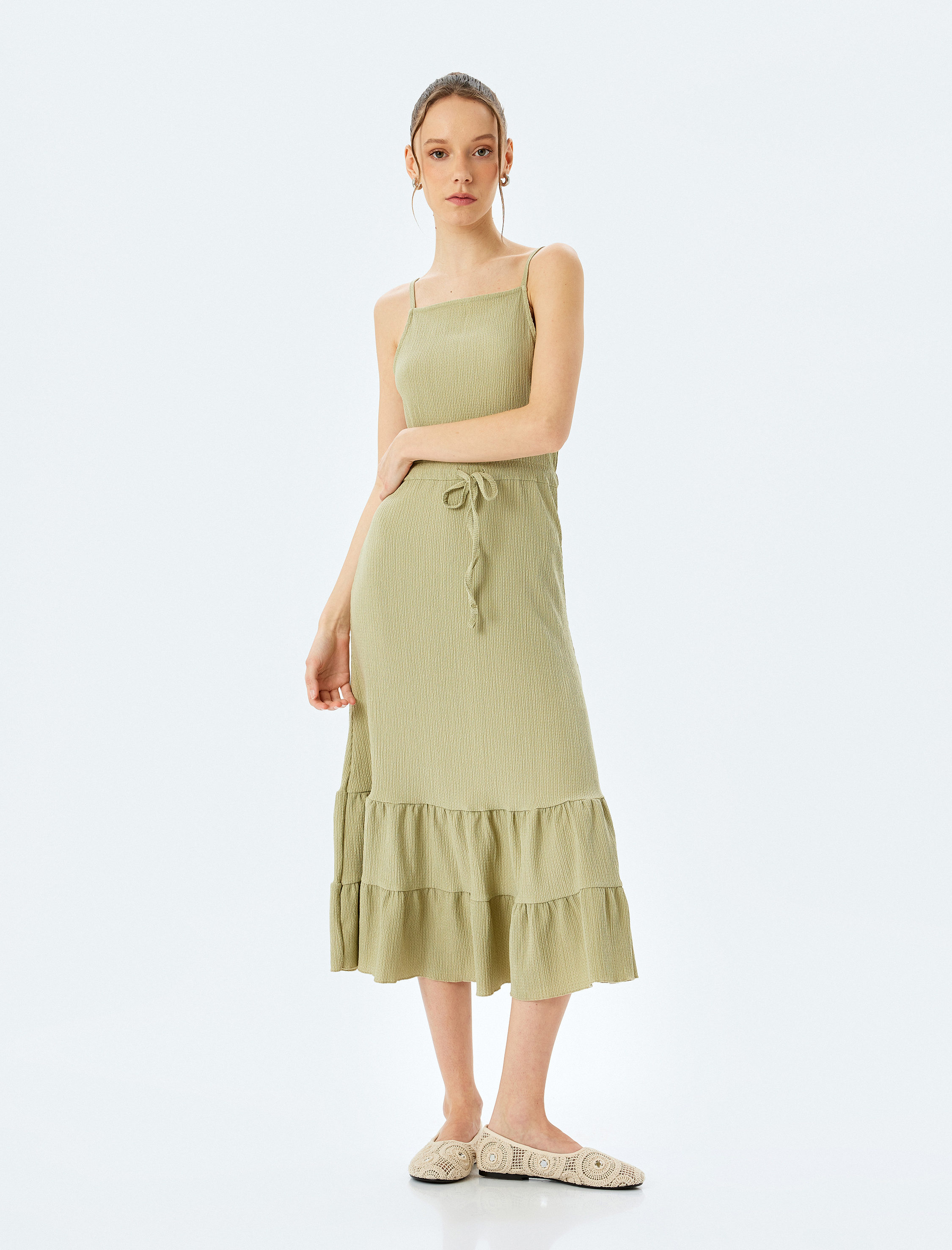 Midi Boy Bürümcük Volanlı Beli Bağcıklı İp Askılı Elbise Bürümcük