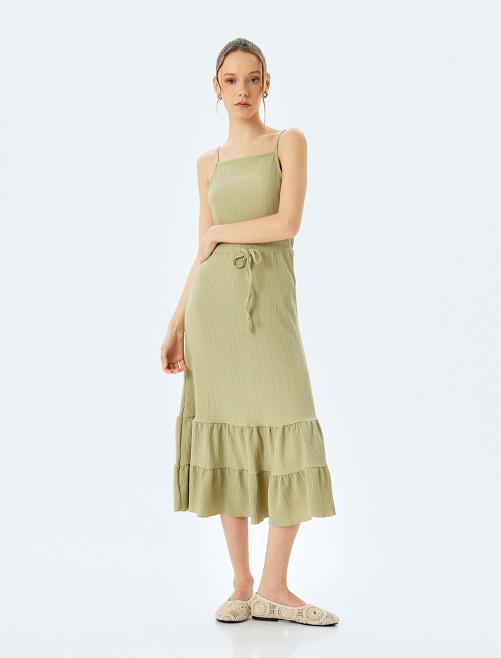  Midi Boy Bürümcük Volanlı Beli Bağcıklı İp Askılı Elbise Bürümcük