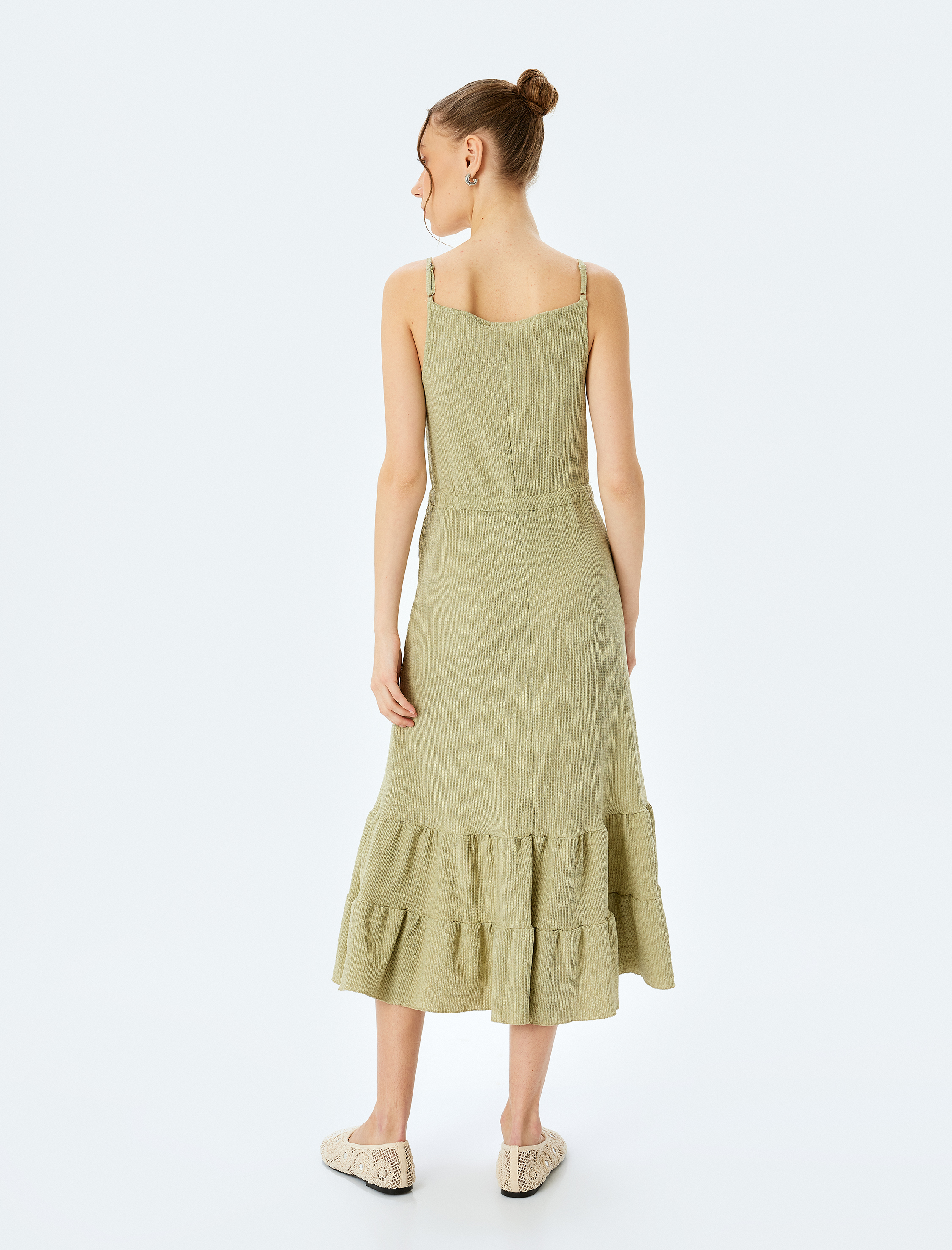 Midi Boy Bürümcük Volanlı Beli Bağcıklı İp Askılı Elbise Bürümcük