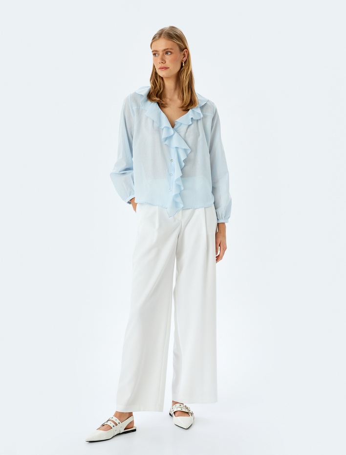  Pamuklu V Yaka Uzun Kollu Volanlı Fırfırlı Gömlek