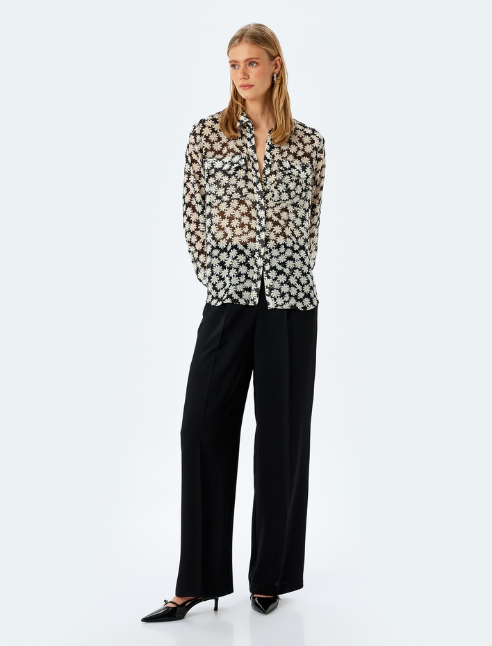  Uzun Kollu Cepli Yarı Transparan Oversize Çiçekli Gömlek