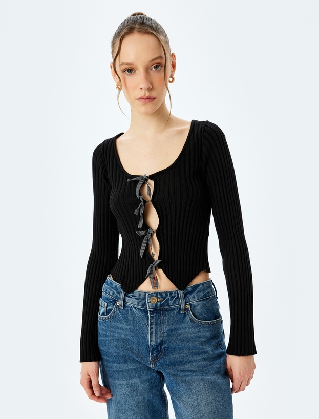 Fiyonklu V Yaka Slim Fit Crop Triko Hırka_2