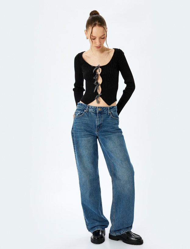 Fiyonklu V Yaka Slim Fit Crop Triko Hırka_1
