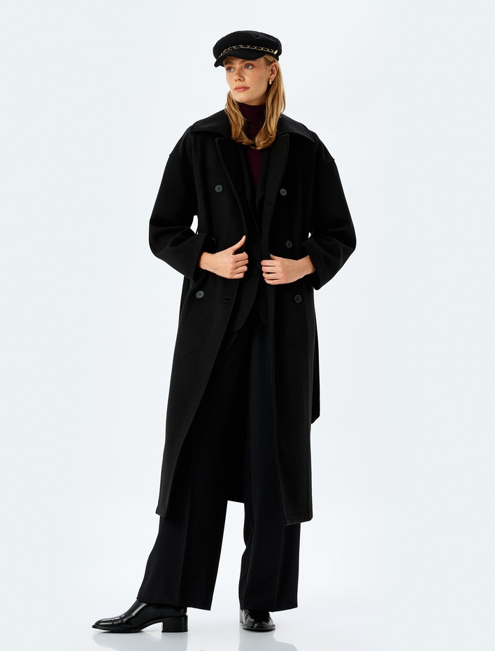  Cepli Kemer Detaylı Kruvaze Uzun Kaşe Kaban