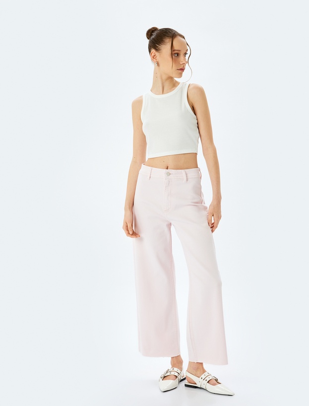 Pamuklu Geniş Kalıp Cepli Düğmeli Crop Geniş Paça Denim Pantolon - Culotte Jean_0