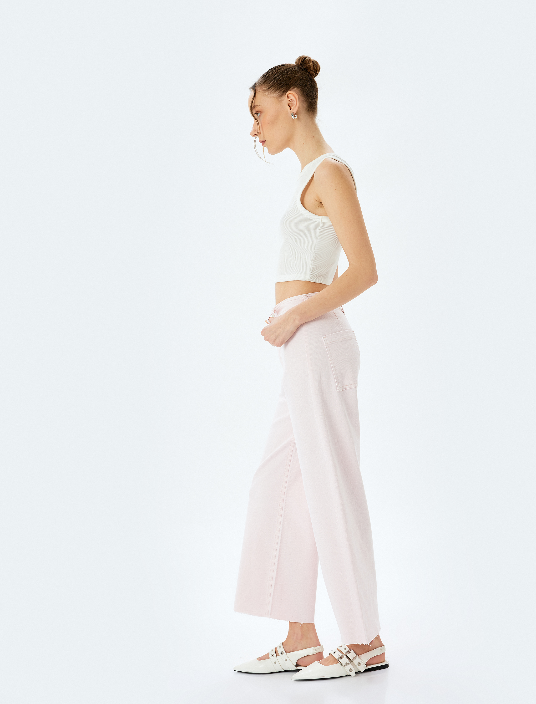   Pamuklu Geniş Kalıp Cepli Düğmeli Crop Geniş Paça Denim Pantolon - Culotte Jean