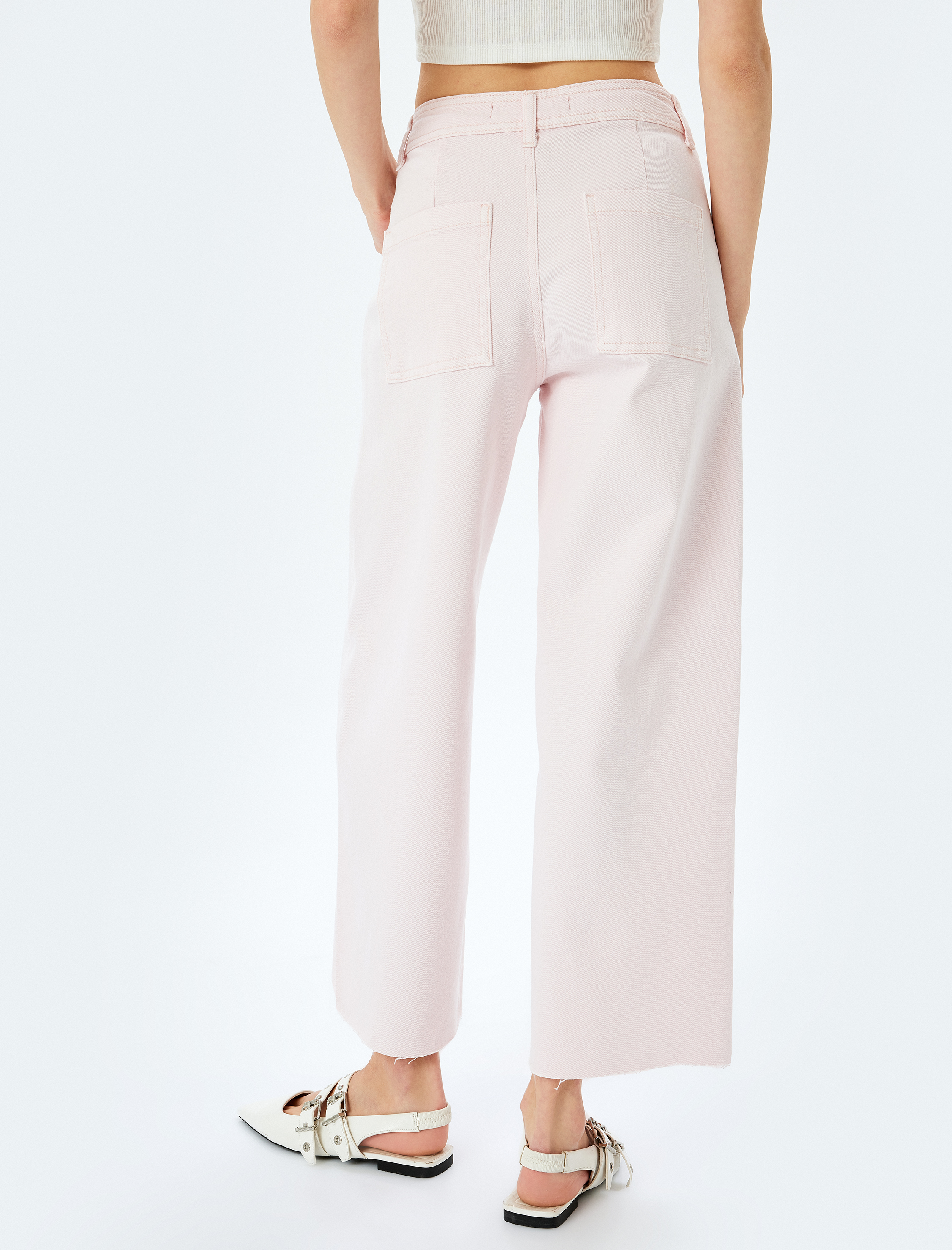   Pamuklu Geniş Kalıp Cepli Düğmeli Crop Geniş Paça Denim Pantolon - Culotte Jean