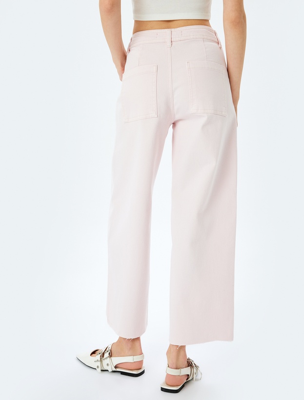 Pamuklu Geniş Kalıp Cepli Düğmeli Crop Geniş Paça Denim Pantolon - Culotte Jean_3