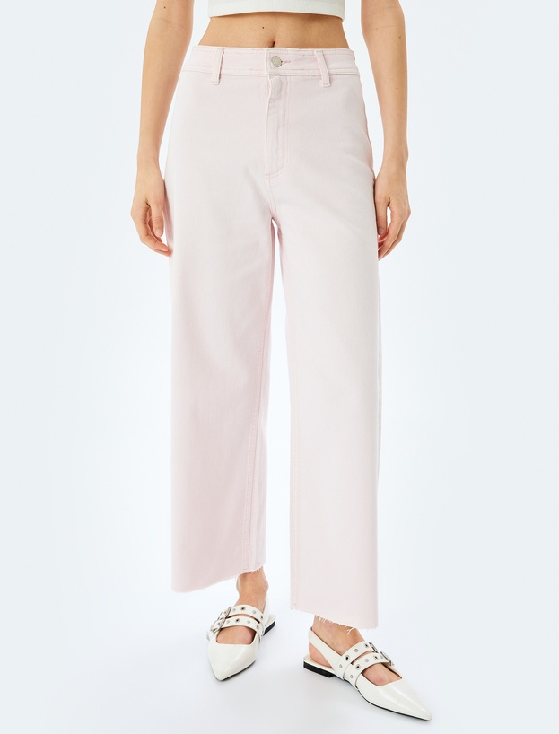 Pamuklu Geniş Kalıp Cepli Düğmeli Crop Geniş Paça Denim Pantolon - Culotte Jean_2