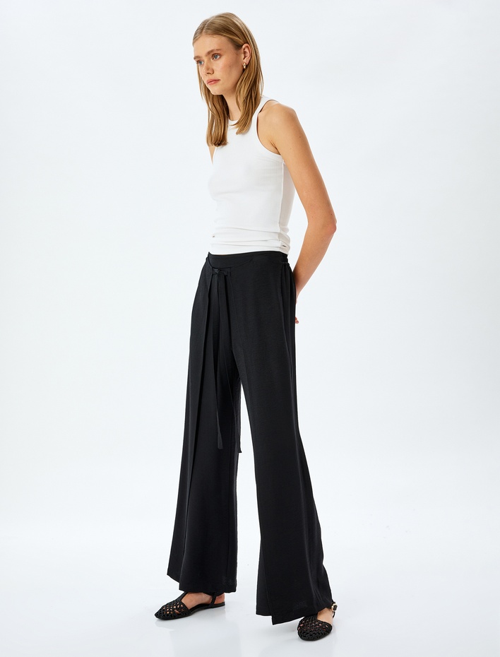  Kruvaze Yanları Kapak Detaylı Bağlamalı Bol Paça Viskon Pantolon