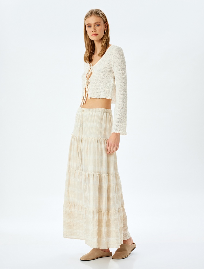  Keten Karışımlı Katlı Dokulu Astarlı Yüksek Bel Midi Etek