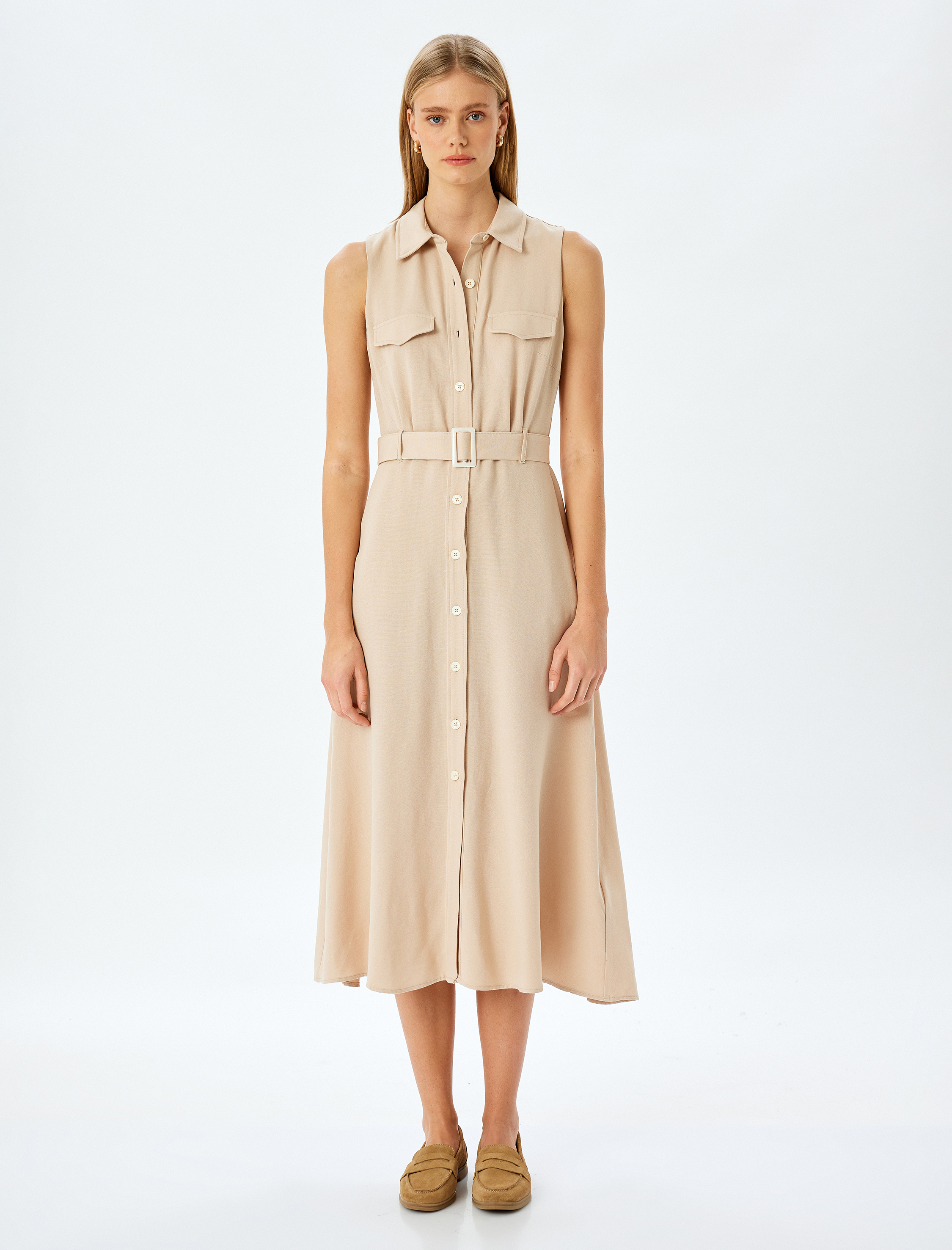   Viskon Keten Karışımlı Kolsuz Cepli Kemerli Uzun Gömlek Elbise