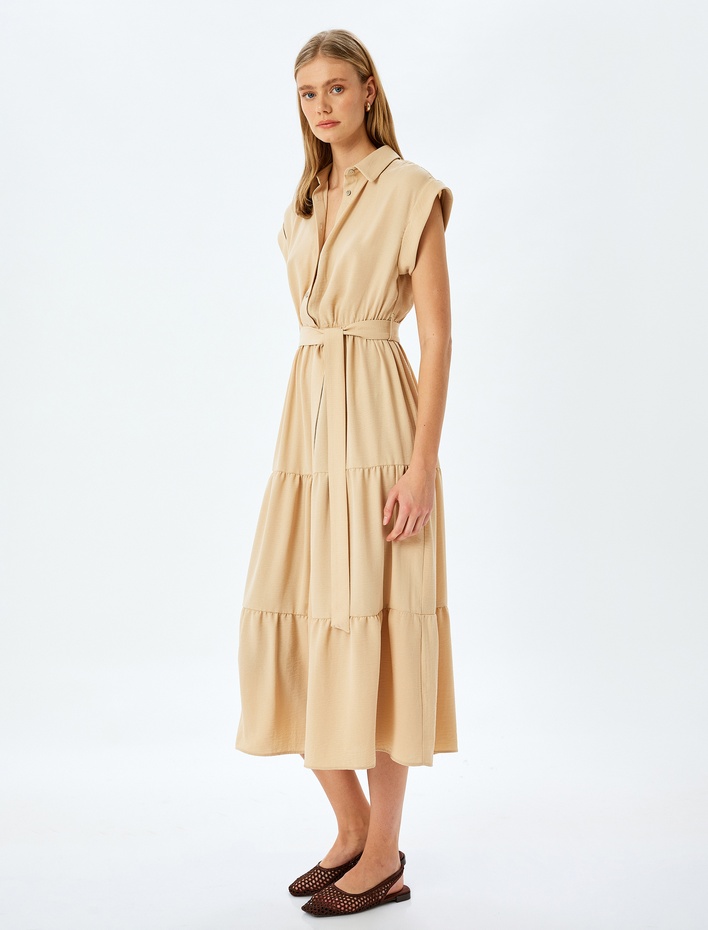  Katmanlı Kemer Detaylı Düğmeli Uzun Kolsuz Gömlek Elbise