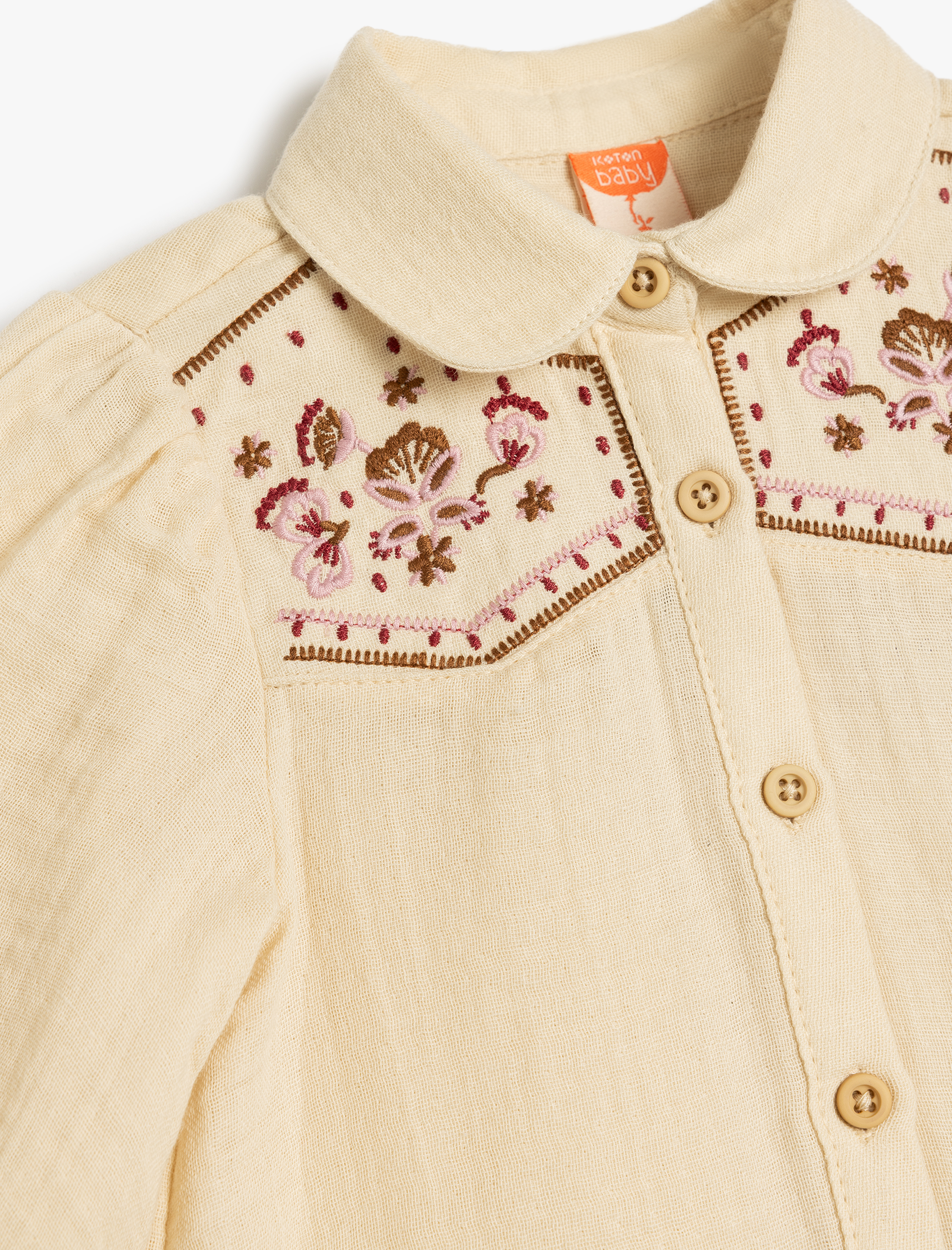  Kız Bebek Pamuklu Nakış Detaylı Uzun Kollu Gömlek