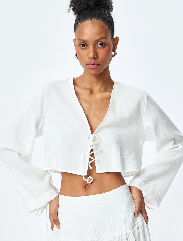 Modal Kumaş Bağlama Detaylı Uzun Geniş Kollu Crop Bluz_0