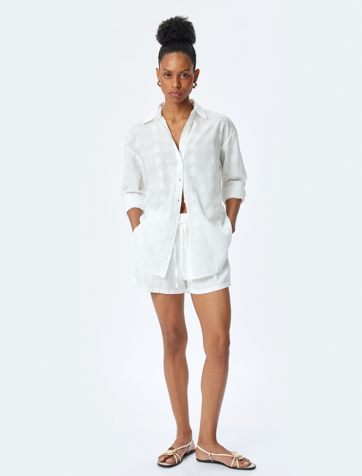  Pamuklu Klasik Yaka Uzun Kollu İşlemeli Oversize Gömlek