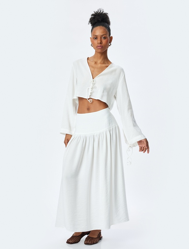 Modal Kumaş Bağlama Detaylı Uzun Geniş Kollu Crop Bluz_1