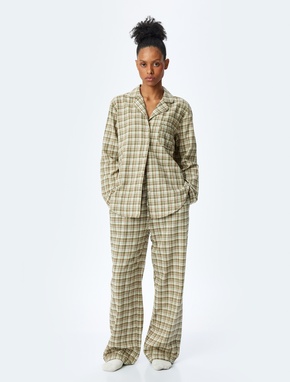 Pamuklu Gömlek Yaka Uzun Kollu Ekose Pijama Üstü_1