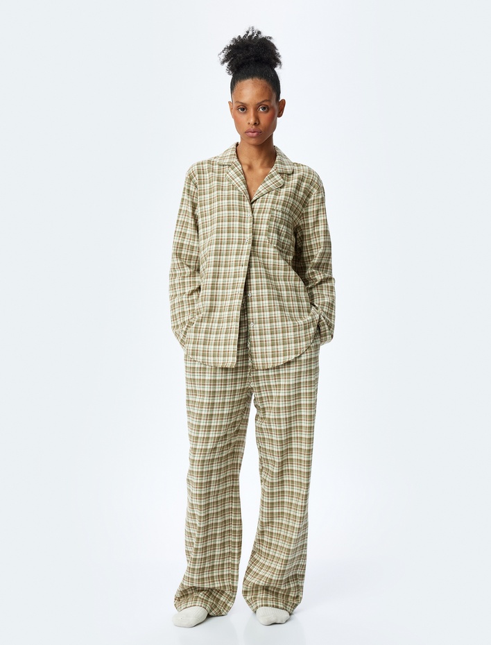  Pamuklu Gömlek Yaka Uzun Kollu Ekose Pijama Üstü