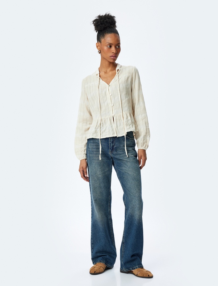  Keten Karışımlı Uzun Kollu Düğmeli Dokulu Mandarin Yaka Bluz