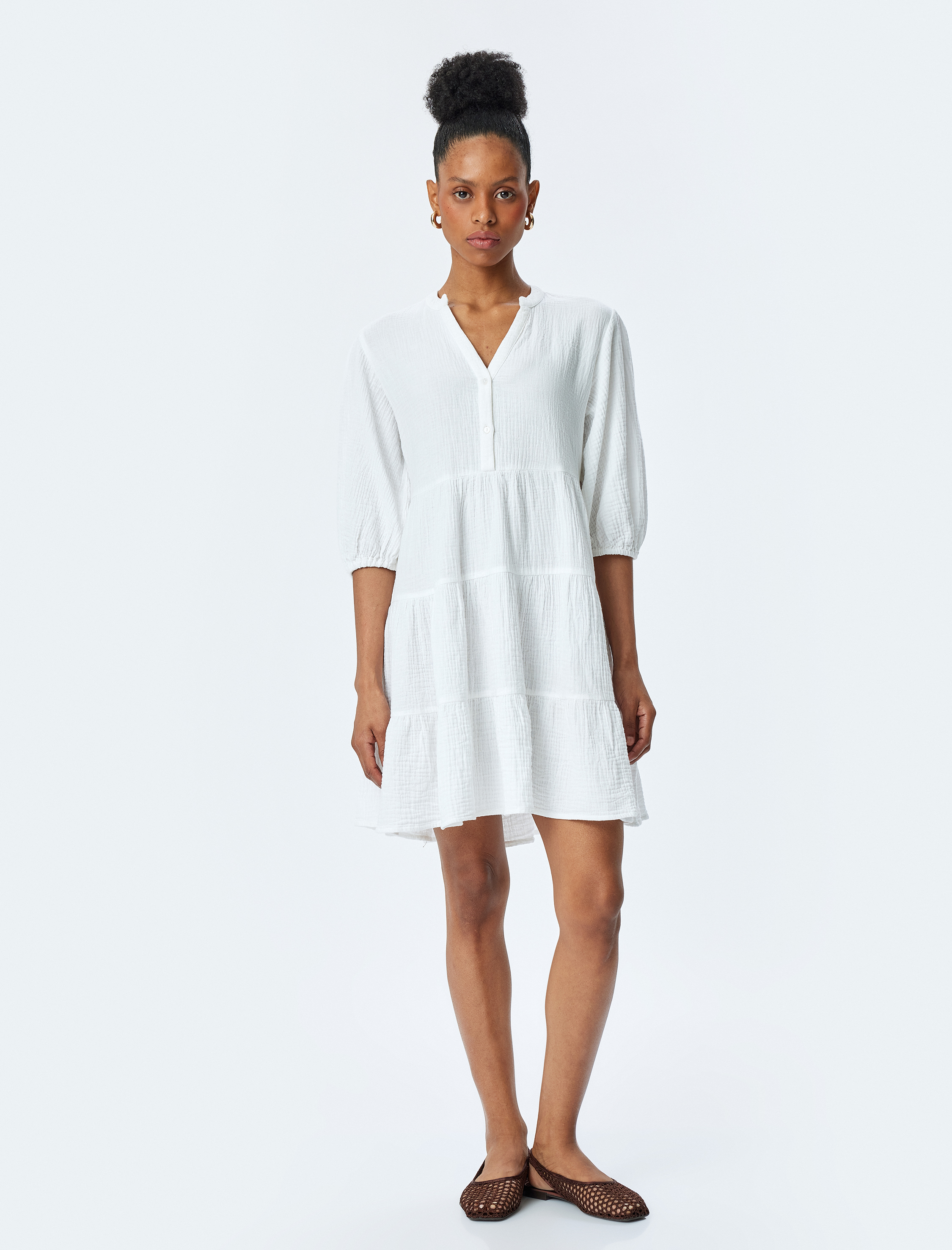   Pamuklu Katmanlı V Yaka Kısa Balon Kollu Mini Müslin Elbise