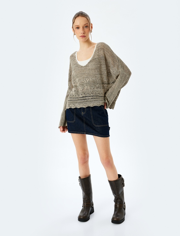  V Yaka Ajurlu Çan Kol Pamuk Karışımlı Uzun Kollu Triko Kazak