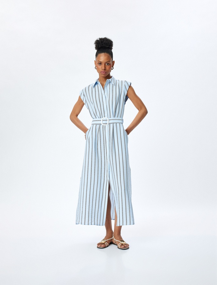  Viskon Kumaş Cepli Kemerli Kolsuz Uzun Çizgili Gömlek Elbise