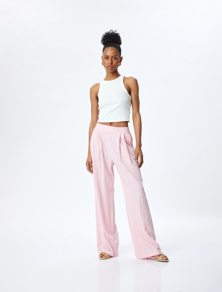  Viskon Karışımlı Cepli Dokulu Yüksek Bel Geniş Paça Pantolon