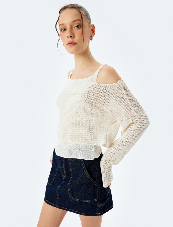  Bisiklet Yaka Uzun Kollu Örme Detaylı Tişört