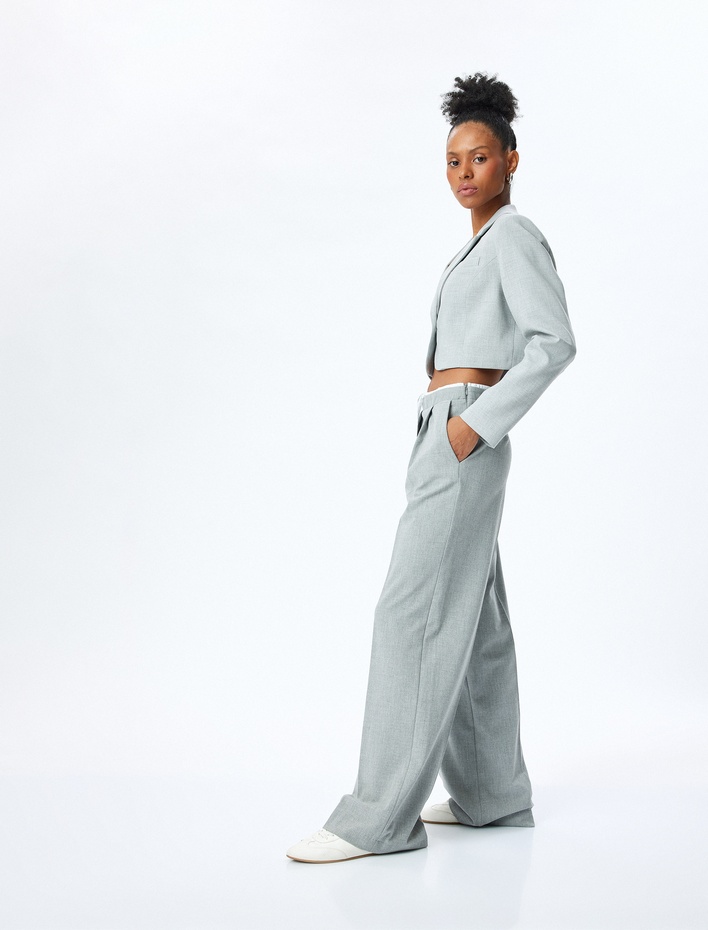  Çift Bel Detaylı Cepli Geniş Paça Baggy Kumaş Pantolon